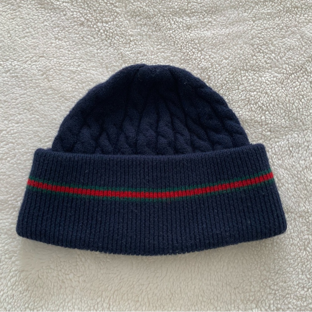 Gucci Kids Cable Knit Turn Up Navy Blue Red Green Stripe Hat Beanie L